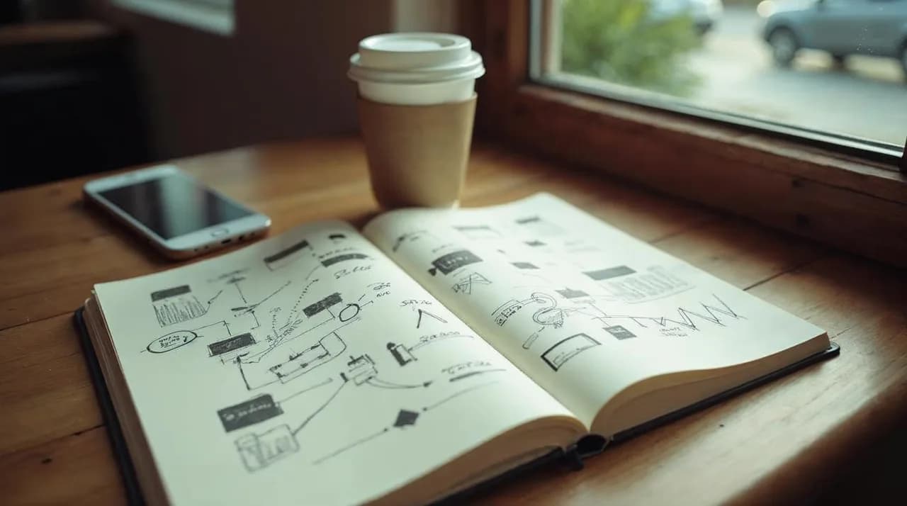 Um caderno aberto com esboços de negócio sobre uma mesa de madeira ao lado de um café, em luz da manhã